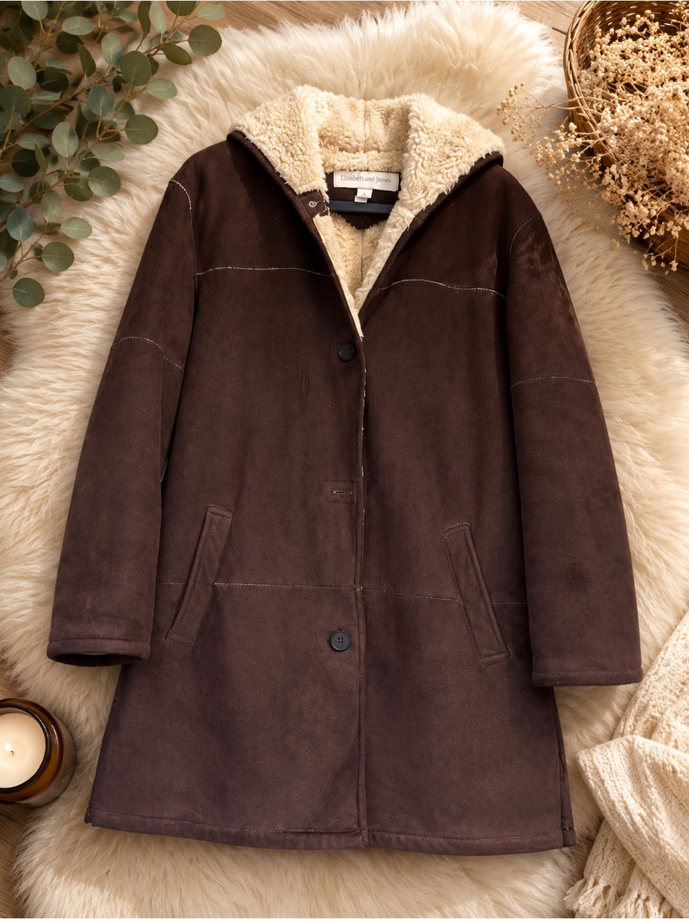 LIZ CLAIBORNE Faux Suede Winter Spring Hooded Brown Coat Jacket Size M OVERSIZE